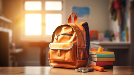orange backpack with school supplies on table. back to school concept. generative ai.