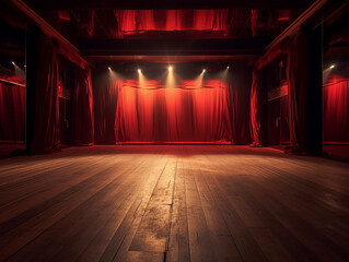 theater stage with red curtain, lighting, wooden floor, insane detail, smooth lighting AI generative