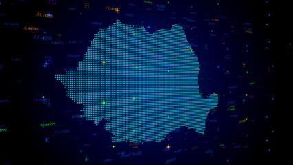 Wall Mural - futuristic blue colorful shiny digital technology hud dots mosaic grid romania map perspective view 