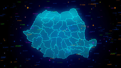 Wall Mural - futuristic blue colorful shiny digital technology hud dots mosaic grid romania map separate regions 