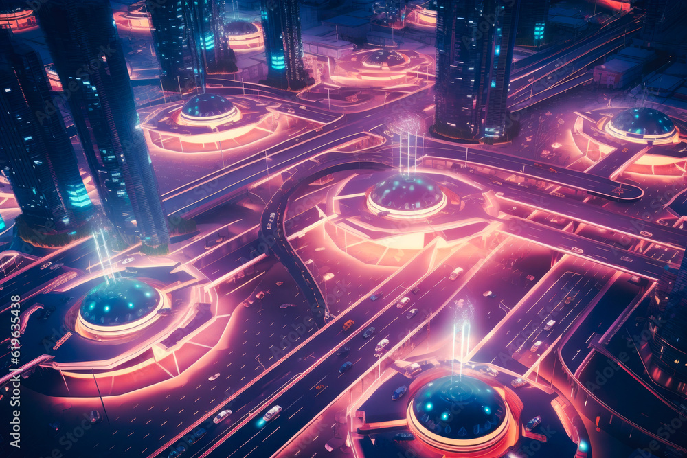Overhead view of roads in a futuristic city with autonomous vehicles ...