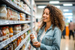 Woman comparing products in a grocery store, considering nutrition, prices, and ingredients, demonstrating informed consumer behavior, generative ai