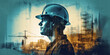 © MUS_GRAPHIC - Future building construction engineering project devotion with double exposure graphic design. Building engineer, architect people or construction worker working with modern civil equipment technology