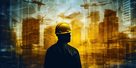 Wall Mural - Future building construction engineering project devotion with double exposure graphic design. Building engineer, architect people or construction worker working with modern civil equipment technology