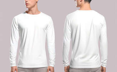 Man wearing a white T-shirt with long sleeves. Front and back view