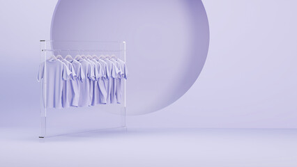 Mens and women cloth shelf, store shelf. Clothes on podium on pastel purple colors background. Creative interior design in purple studio.3D rendering for web page, presentation or picture frame