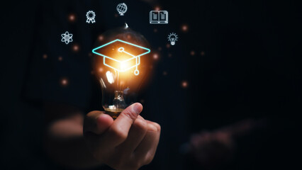 hands showing graduation hat, internet education course degree, e-learning graduate certificate prog