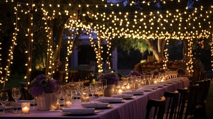 Sticker - Wedding r table setting. hall decoration with a lot of string lights and candles. festive table decor on the terrace