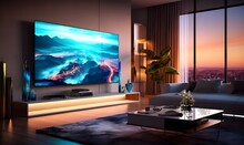Big Tv In A Living Room. Elegant Living Room With Big Tv Screen. Generative AI