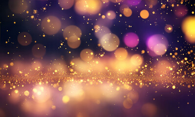 colorful bokeh particles abstract background, festive, christmas, gold glitter and purple bokeh