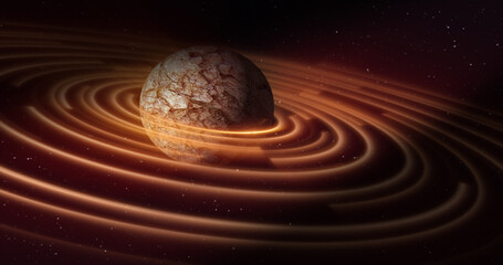 Wall Mural - abstract yellow brown space planet with a round asteroid belt ring futuristic hi-tech on the backgro