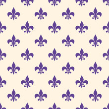Fleur-de-lis Seamless Pattern.White Purple Template. Floral Texture. Elegant Decoration, Royal Lily Retro Background. Design Vintage For Card, Wallpaper, Wrapping, Textile.