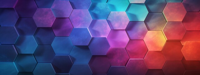 Poster - Abstract futuristic digital geometric technology hexagon background banner illustration - Colorful purple blue orange hexagonal 3d shape texture wall (Generative Ai)