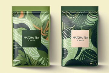 Sticker - Generative AI. Green tea matcha powder packaging design concept. healthy organic beverage, drink matcha latte. Branches of tea plant with leaves. Mockup for pack, ad.Minimal modern