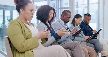 Aufkleber - Recruitment, phone and job search with business people in waiting room for interview, social media and networking. Hiring, human resources and technology with employees in office for meeting