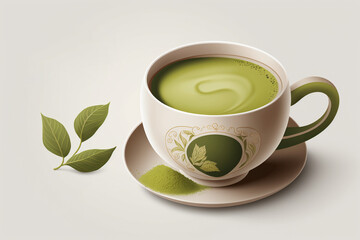 Sticker - Generative AI.Green tea matcha latte cup with copyspace left. This latte is a delicious way to enjoy the energy boost & healthy benefits of matcha. Matcha is a powder of green tea 