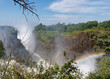 Scenic view of branches and leaves in the foreground and a rainbow over Victoria Falls in the background at Victoria Falls National Park, Zimbabwe and Zambia