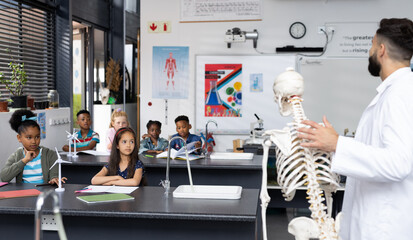 Sticker - Diverse male teacher and elementary schoolchildren studying skeleton in biology class