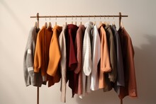 Clothes Hanging In Row. Many Clothes For Autumn Or Fall Season. 