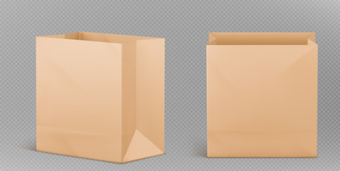 Wall Mural - Brown paper lunch bag for food vector mockup icon. Isolated 3d kraft box pack for school snack or meal takeaway. Realistic craft cardboard packaging texture for shop or supermarket business graphic