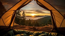 View Of The Serene Landscape From Inside A Tent. Camping At Campsite With Sleeping Bags. Stunning Sunrise.