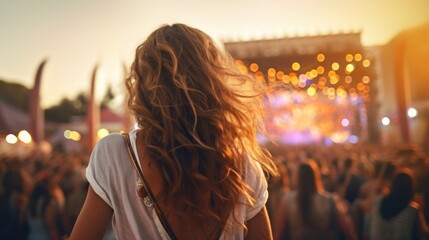 Wall Mural - Young woman at a summer music festival. Joyful fun. Stage performance with lights and crowd.