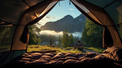 Wall Mural - View of the serene landscape from inside a tent. Camping at campsite with sleeping bags. Stunning sunrise.