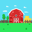 Farm with haystack and nature landscape.Rural farmland scene.Cartoon red barn with sky background