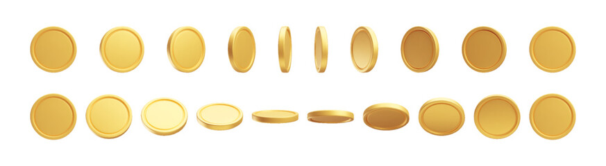 new blank brass or golden coins from different views 3d rendering set. floating currency. payment, i