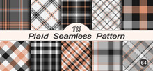 Black, White And Orange Set Vector Seamless Check Plaids Pattern.