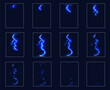 Cartoon lightning sprite animation effect, vector fx game ui. Thunder storm and thunderbolt sprite sheets with blue lightning strikes or flashes animated motion sequences. Thunderstorm animation frame