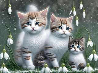 Wall Mural - Blossoming Snowdrops with Kitten, Generative AI Illustration