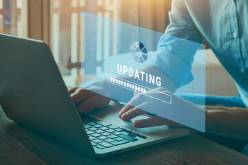 software update concept, operating system upgrade, installing new version with updating progress bar on computer virtual screen