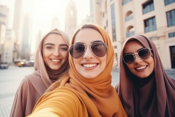 Wall Mural - Selfie of smiling muslim womens, city background. for social media, influencer content creation or fashion blog. Young gen z people in Saudi Arabia for profile picture. Made with Generative AI