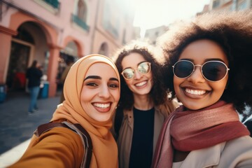 Wall Mural - Selfie of smiling muslim womens, city background. for social media, influencer content creation or fashion blog. Young gen z people in Saudi Arabia for profile picture. Made with Generative AI