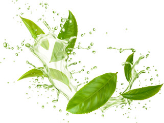 green tea leaves, wave splash and drops. isolated 3d vector herbal drink with fresh foliage cascade 