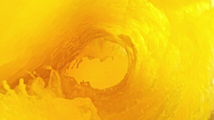 Poster - Super Slow Motion of Orange Juice Wave. Orange Juice Surf Wave Rotating Around in Creating Tunnel Shape. Filmed on high speed cinema camera, 1000 fps.