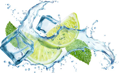 mojito drink wave splash with lime, ice cubes, water swirl and mint leaves. 3d vector liquid beverag