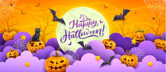 Halloween paper cut banner with pumpkins, bats and cobwebs. Cartoon vector greeting card design with 3d effect papercut clouds, landscape with trees, black cat and jack lanterns under full moon in sky