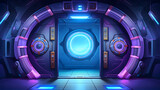 Fototapeta  - Sliding spaceship closed door with blue lamps, background for games and mobile applications, vector cartoon background in Disney style, Generated AI