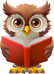 Wall Mural - A wise owl bird cartoon cute character reading a book.