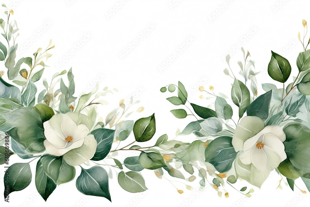 Watercolor floral frame/ border with white rose leaves and branches ...