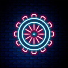 Poster - Glowing neon line Ship steering wheel icon isolated on brick wall background. Colorful outline concept. Vector