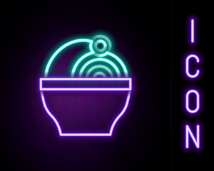 Poster - Glowing neon line Ramen soup bowl with noodles icon isolated on black background. Bowl of traditional asian noodle soup. Colorful outline concept. Vector