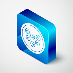 Sticker - Isometric Caviar on a plate icon isolated on grey background. Blue square button. Vector.