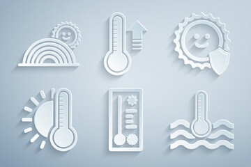 Poster - Set Meteorology thermometer, UV protection, Thermometer with sun, Water, and Rainbow icon. Vector