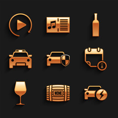 Sticker - Set Car protection or insurance, Wooden barrel for wine, Electric car, Calendar and clock, Wine glass and Police flasher icon. Vector