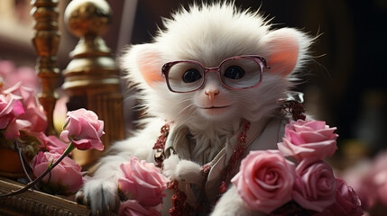 Poster - cute and sweet white monkey with glasses and hat, generative ai