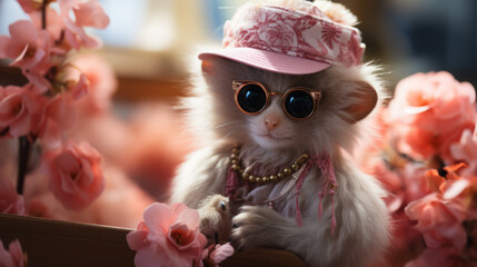 Poster - cute and sweet white monkey with glasses and hat, generative ai