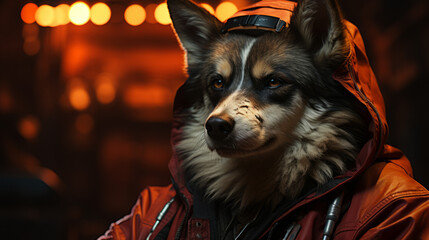 Poster - portrait of a wolf in combat suit, cyberpunk husky, generative ai